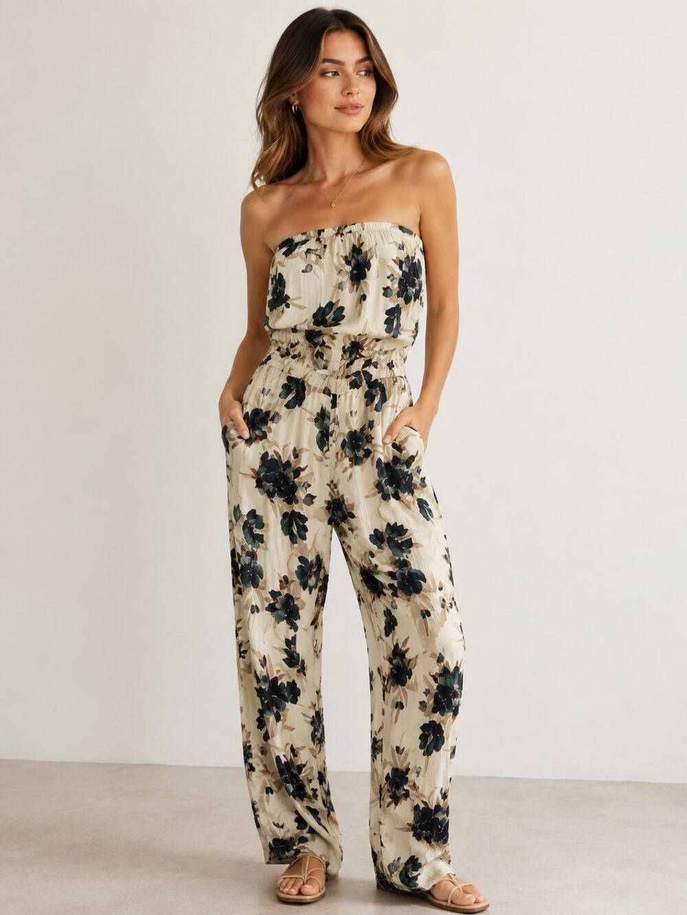 Aritzia Talula Green Cream Floral Strapless Jumpsuit Womens S Jogger Beachy Vaca